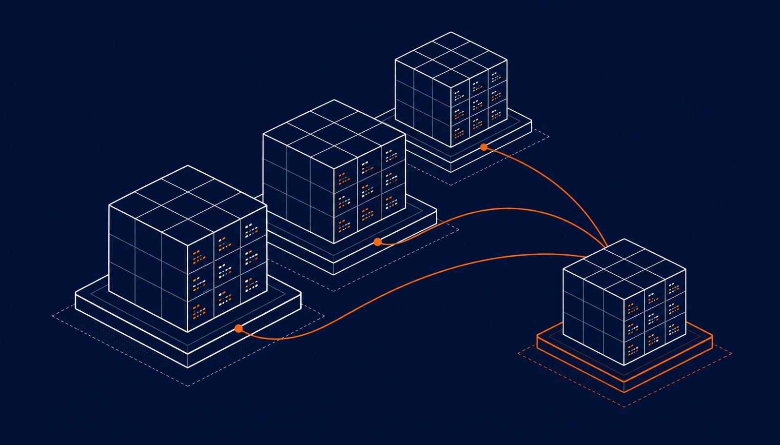 Editorial illustration of three isometric data cubes connected by orange arcs, representing the 3-2-1 backup model.