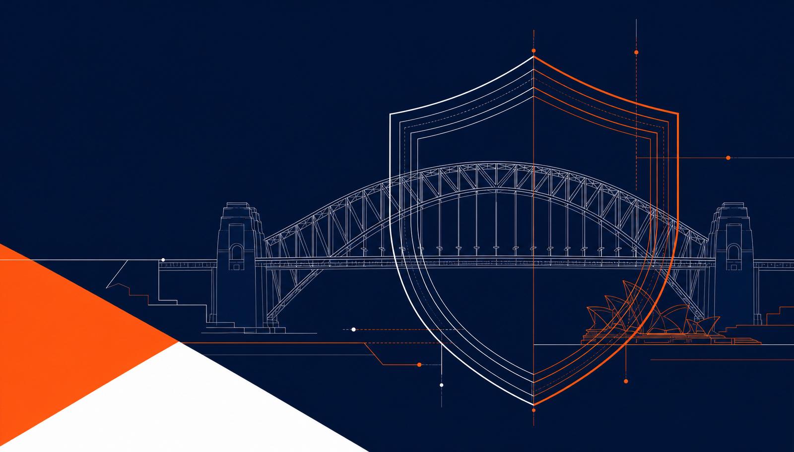 Editorial illustration of a shield overlaying an abstract Sydney Harbour Bridge line drawing on a deep navy background.