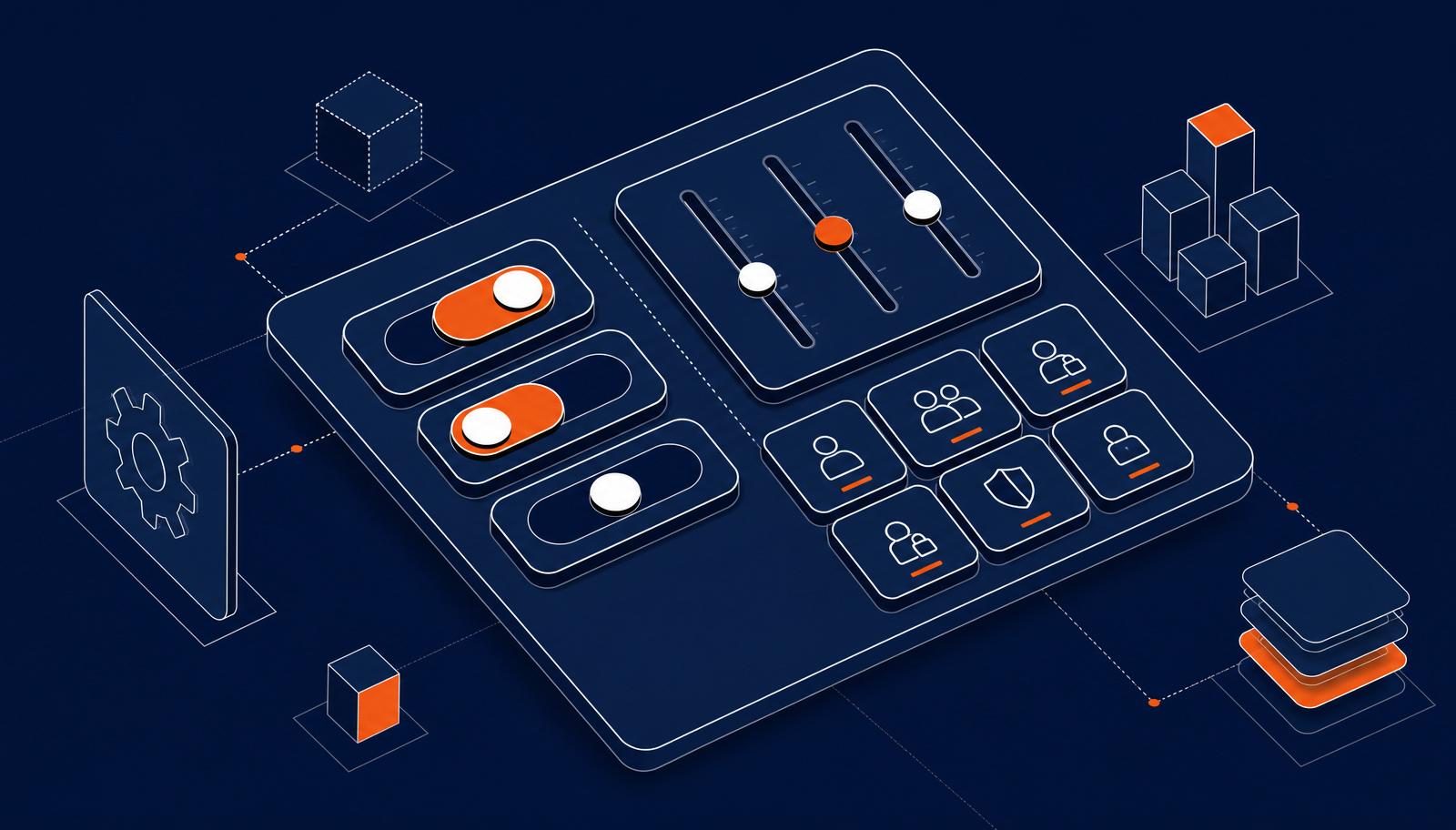 Isometric illustration of toggle switches, sliders and permission tiles representing a Microsoft 365 configuration console.