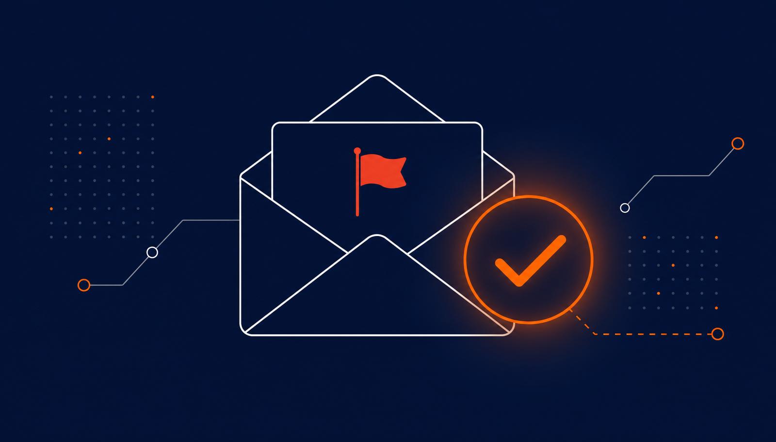 Editorial illustration of an envelope with a red flag and an orange checkmark, representing recognising suspicious email.
