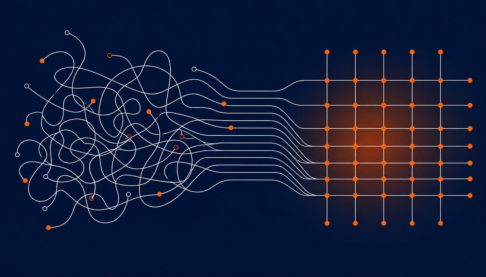 Editorial illustration of tangled cables on the left resolving into an ordered orange grid on the right on a navy background.