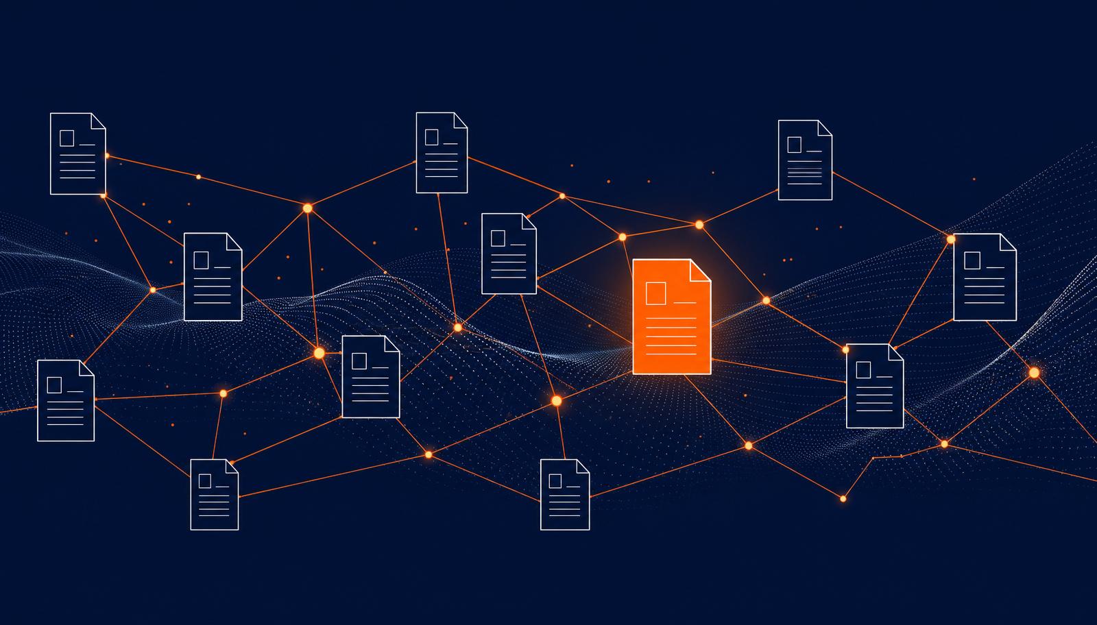 Editorial illustration of document nodes connected by orange lines representing an AI-connected professional services firm.